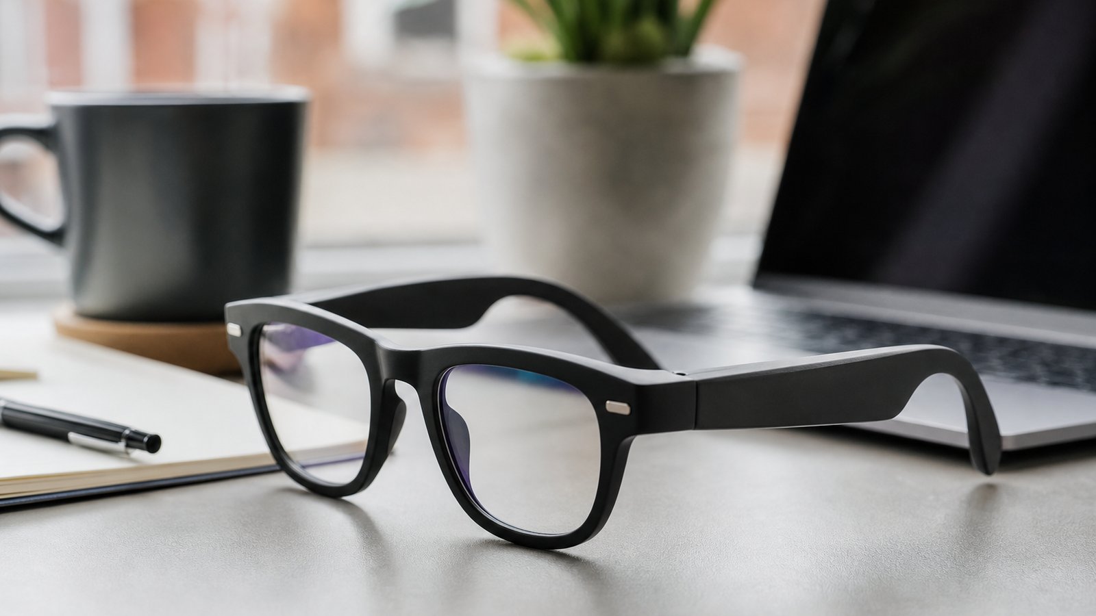 Black no-camera open-ear smart glasses on a clean UK desk
